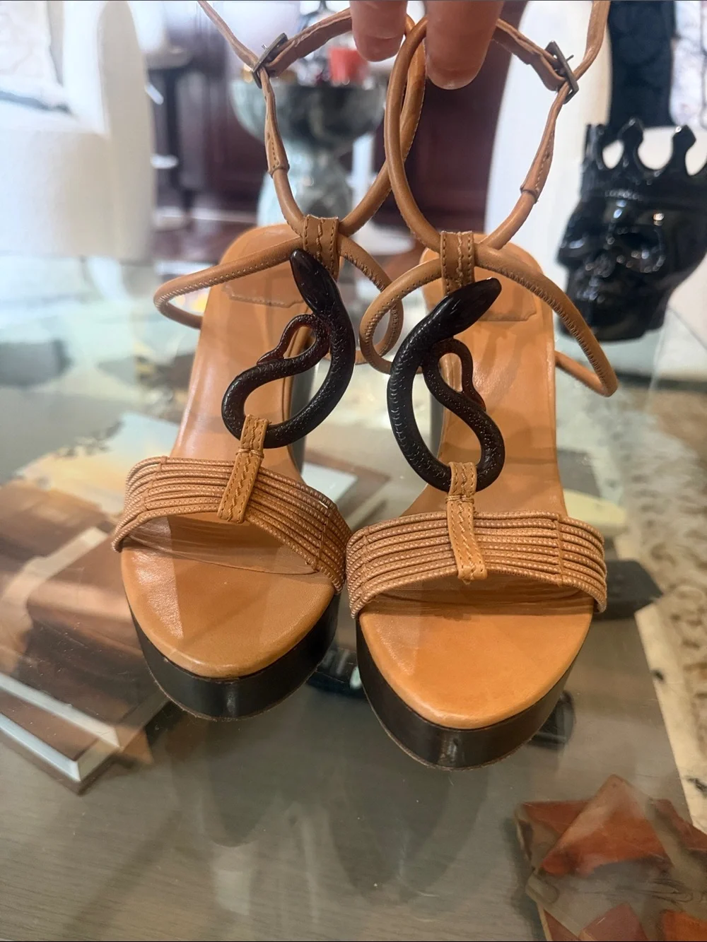 Dior Tan Leather Wedge Sandals with Dark Brown Serpent Accent